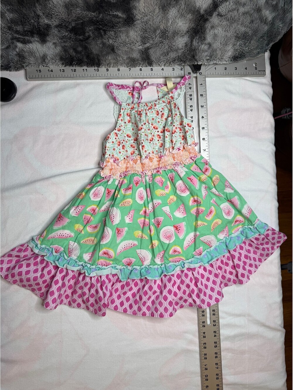 Matilda Jane Girls Size 6 Watermelon Print Lace Accent Ruffle Hem Summer Dress